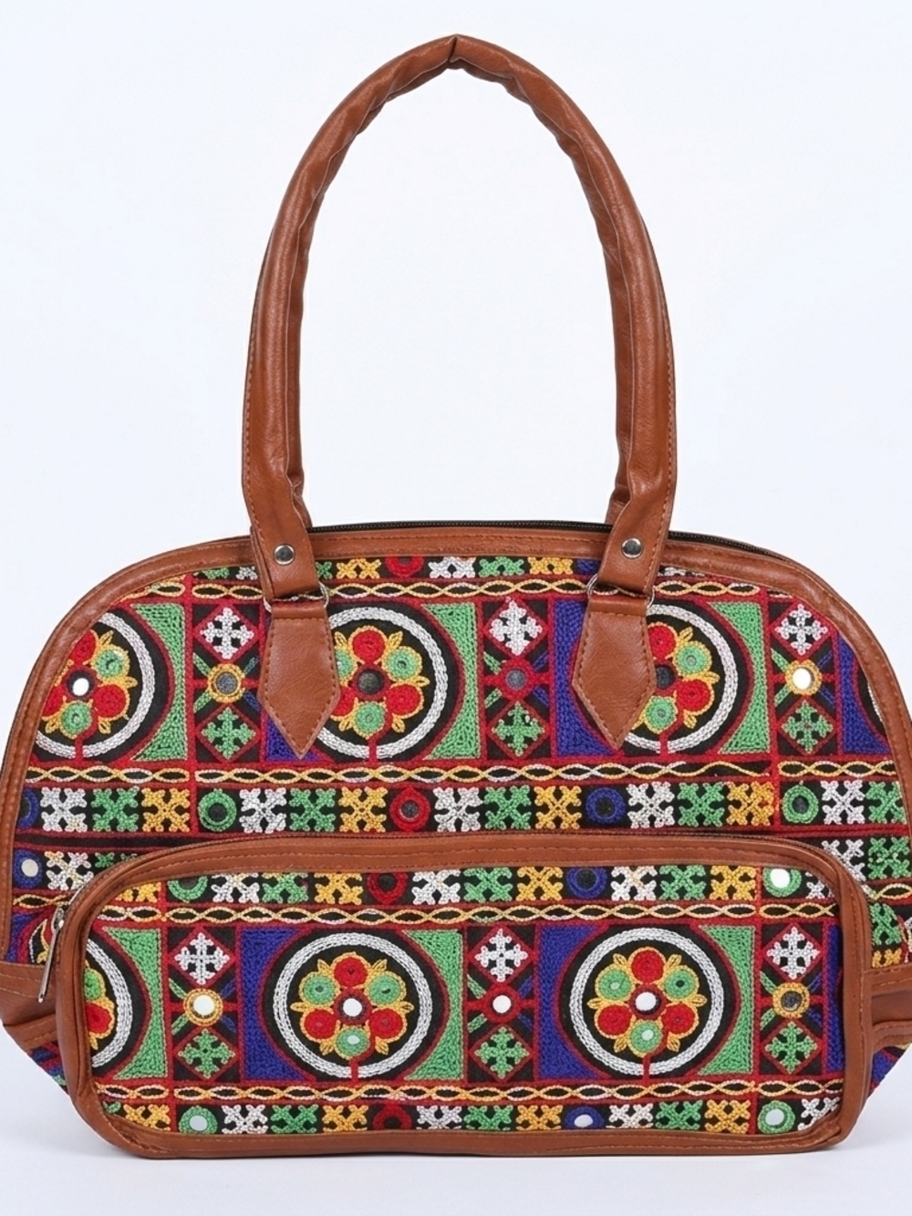 Boho Embroidered Brown Tote Bag with Multicolor Pattern